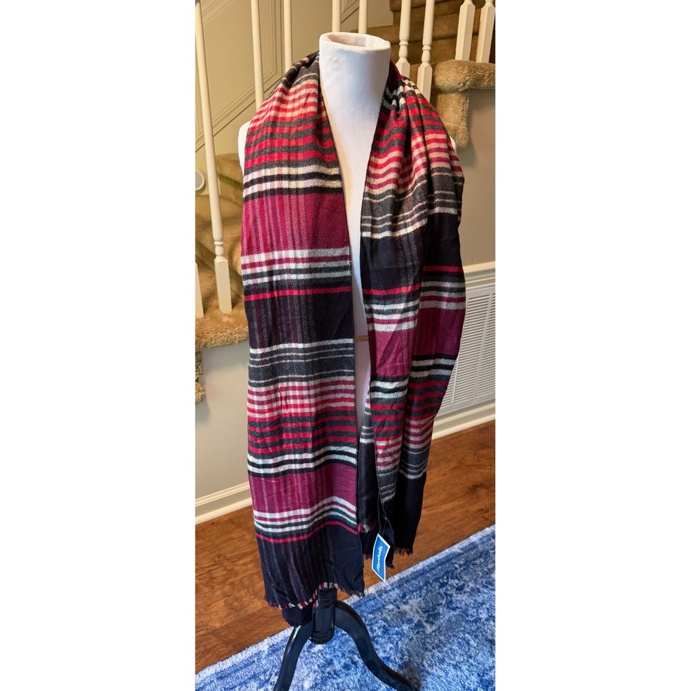 Chelsey II Red Black Plaid Viscose Scarf Oversized Wrap Eyelash Fringe NWT